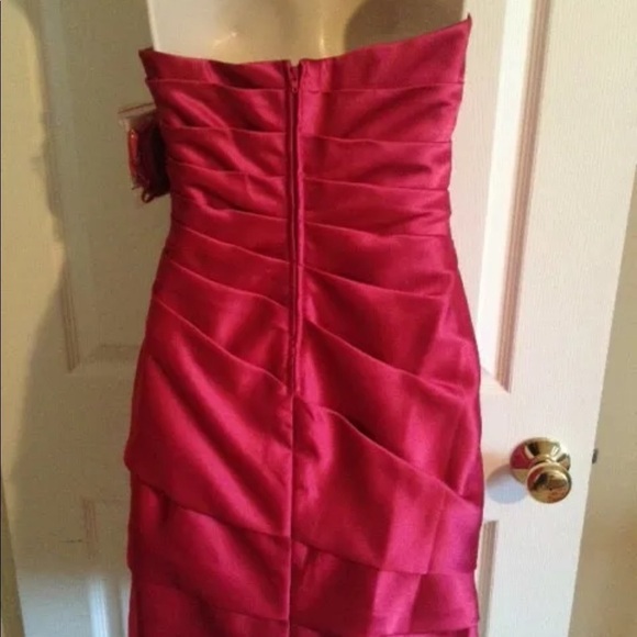 DAVID BRIDAL•red pink satin strapless ruched dress - Picture 4 of 7